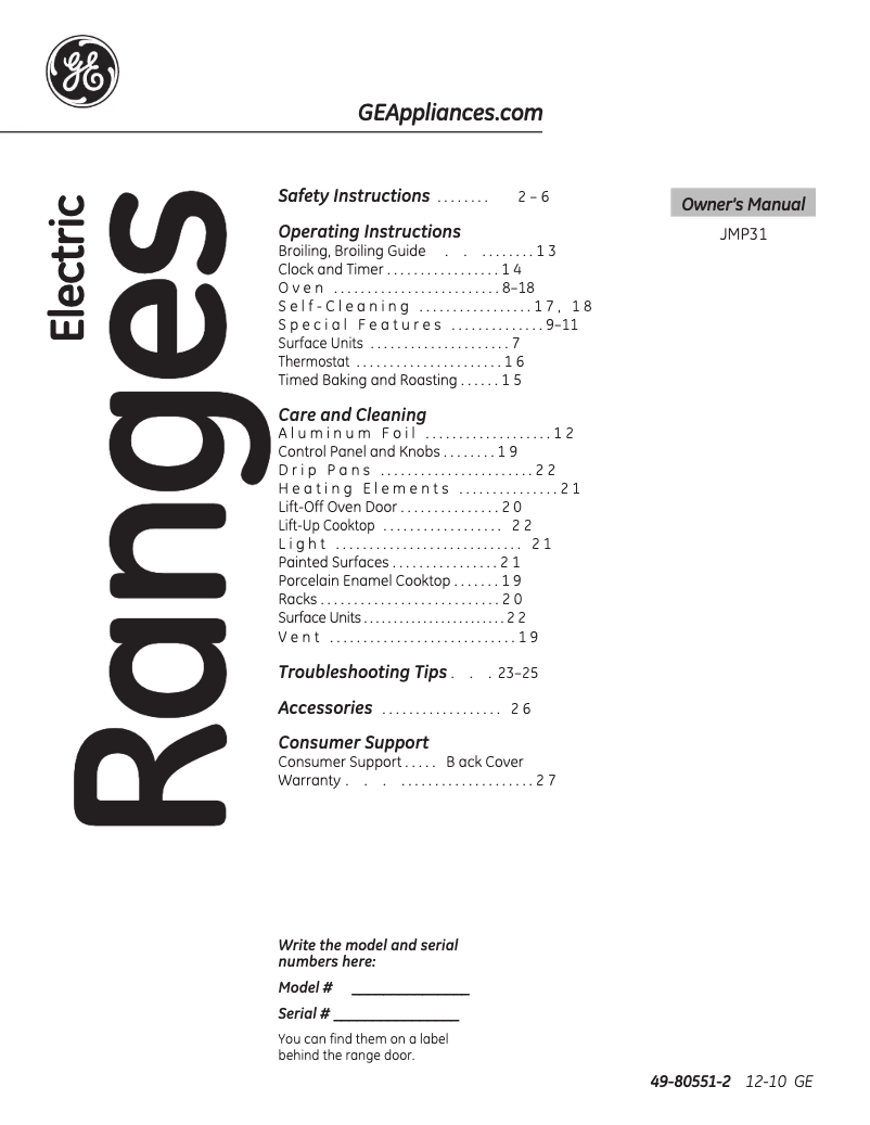 Imagen de la primera página del manual del dispositivo Profile JMP31WAWW