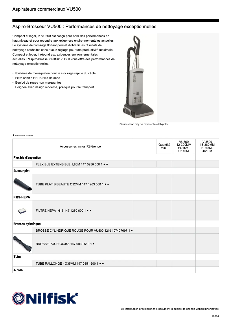 Página 1 del manual Ficha técnica Nilfisk VU500