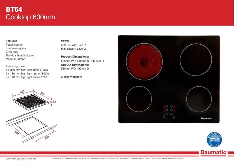 Página 1 del manual Ficha técnica Baumatic BT64
