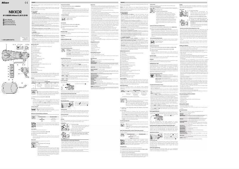 Imagen de la primera página del manual del dispositivo Nikkor AF-S 400mm f/2.8E FL ED VR