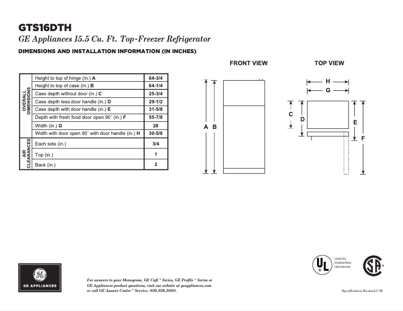 Página 1 del manual Ficha técnica GE GTS16DTHWW