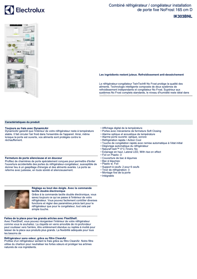 Página 1 del manual Ficha técnica Electrolux IK303BNL