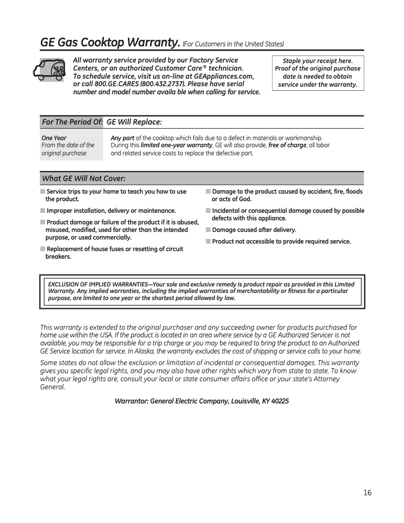 Página 1 del manual Información de garantía GE Profile PGP7036SLSS