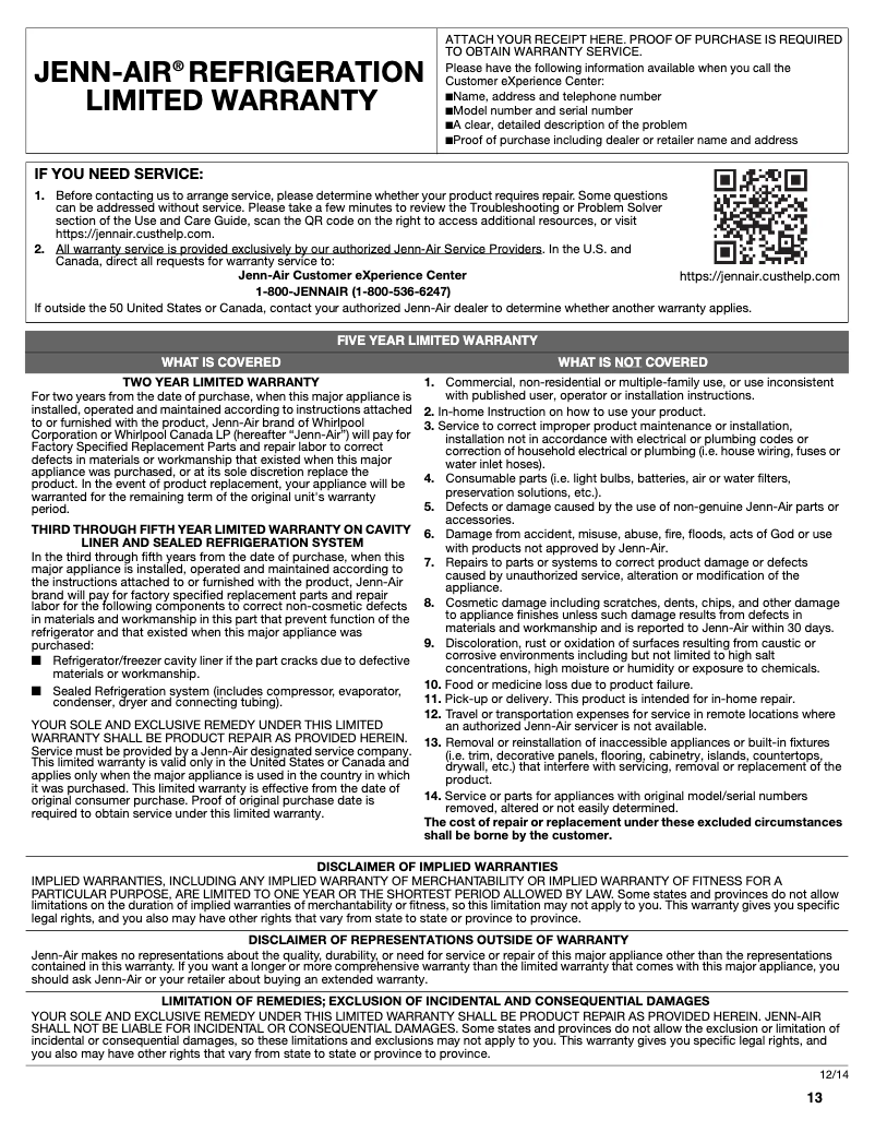 Página nº 1 - Información de garantía JennAir JUR24FLERS