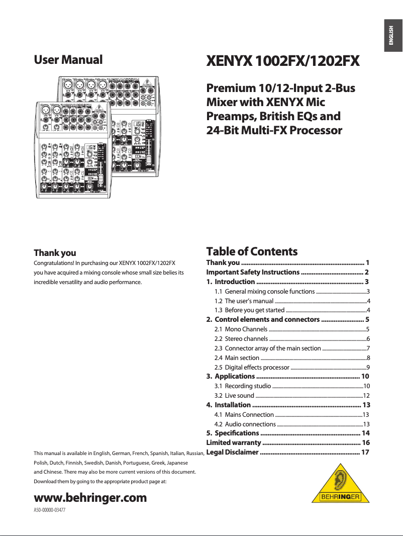 Imagen de la primera página del manual del dispositivo Xenyx 1832FX