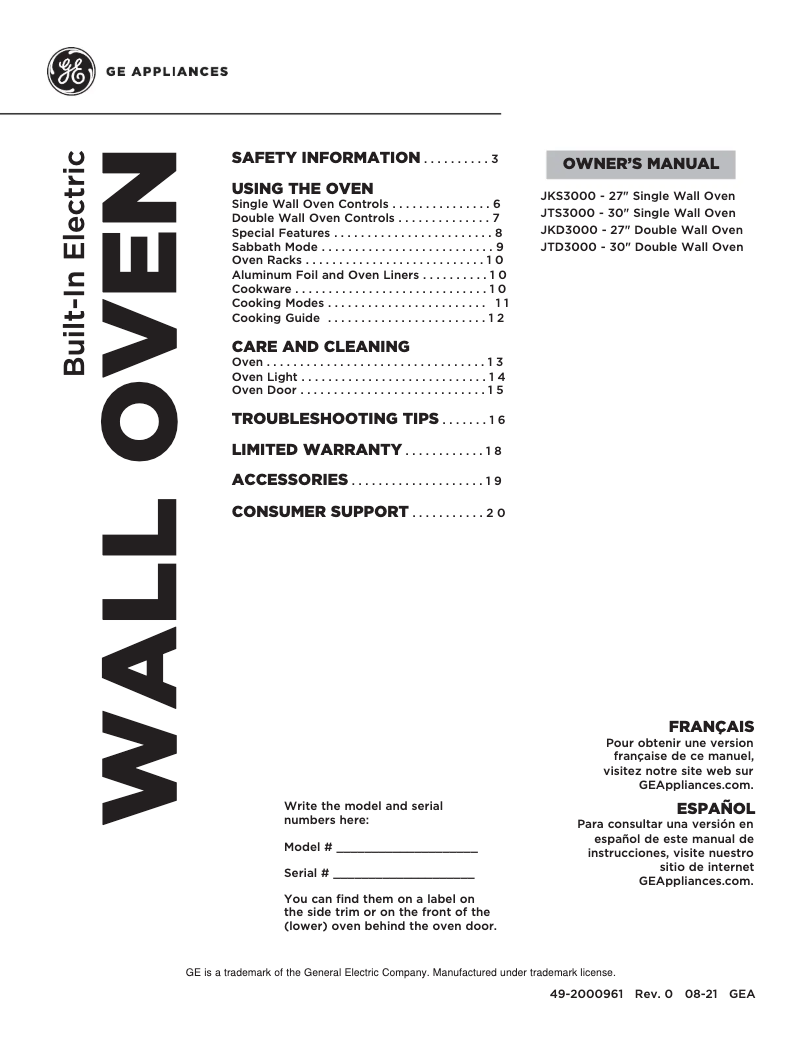 Página 1 del manual Manual de uso y mantenimiento GE JKS3000DNBB