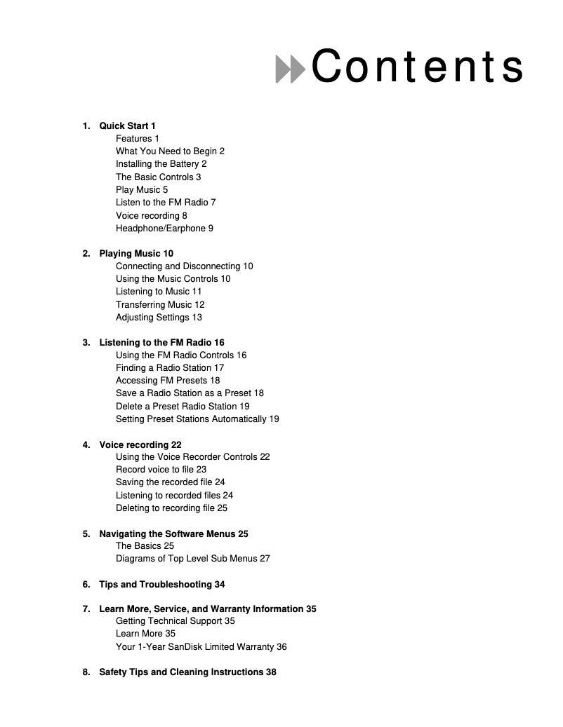 Imagen de la primera página del manual del dispositivo Sansa M200