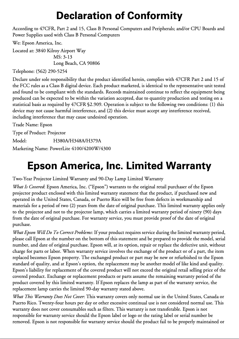 Página 1 del manual Información de garantía Epson PowerLite 4100