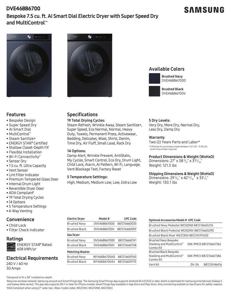 Página 1 del manual Ficha técnica Samsung DVE46BB6700V