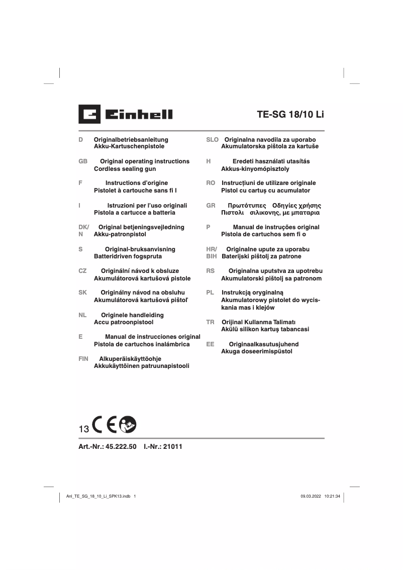 Página 1 del manual Ficha técnica Einhell TE-SG 18/10 Li