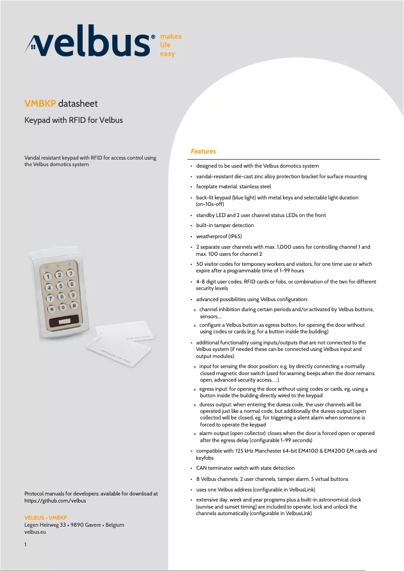 Página 1 del manual Ficha técnica Velbus VMBKP