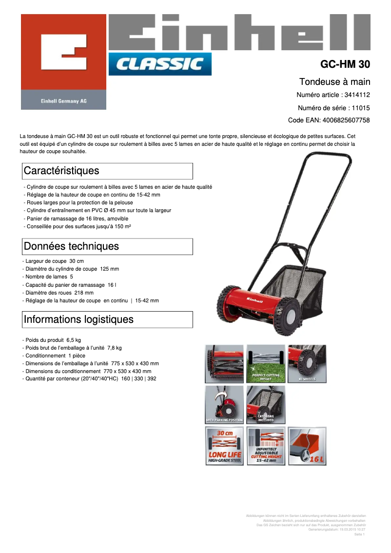 Página 1 del manual Ficha técnica Einhell GC-HM 30