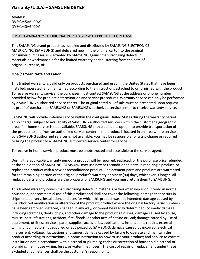 Página 1 del manual Información de garantía Samsung DVG50A8600V