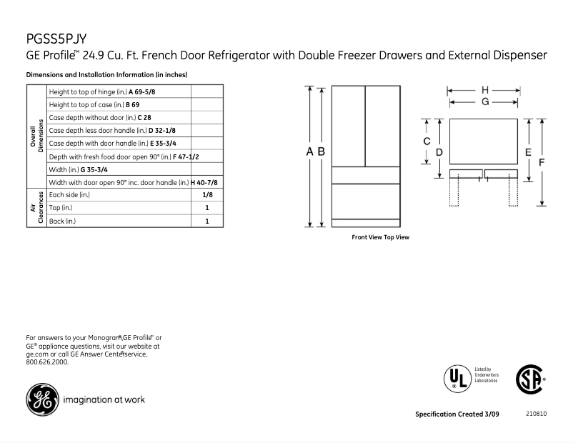 Página 1 del manual Ficha técnica GE PGSS5PJYSS