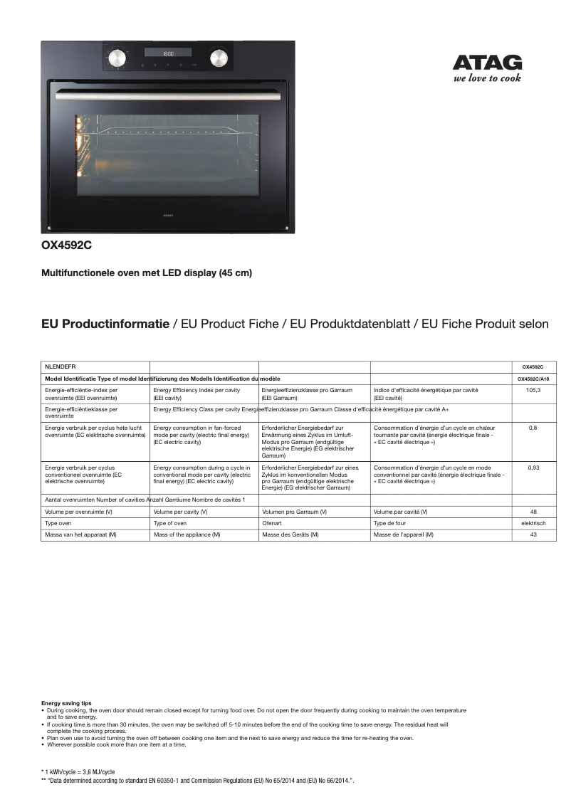 Página 1 del manual Ficha técnica Atag OX4592C