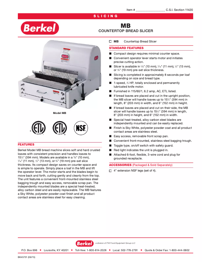 Página 1 del manual Ficha técnica Berkel MB1-2STD