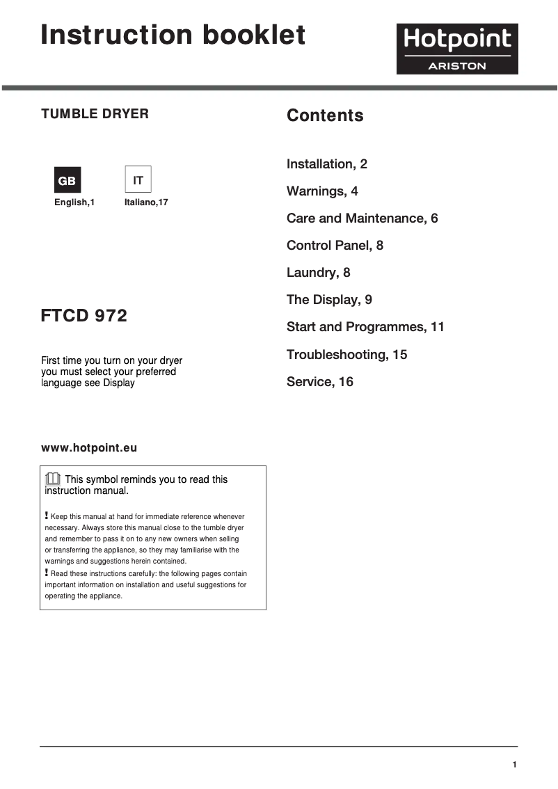 Página 1 del manual Manual de usuario Hotpoint FTCD 972 6HM1