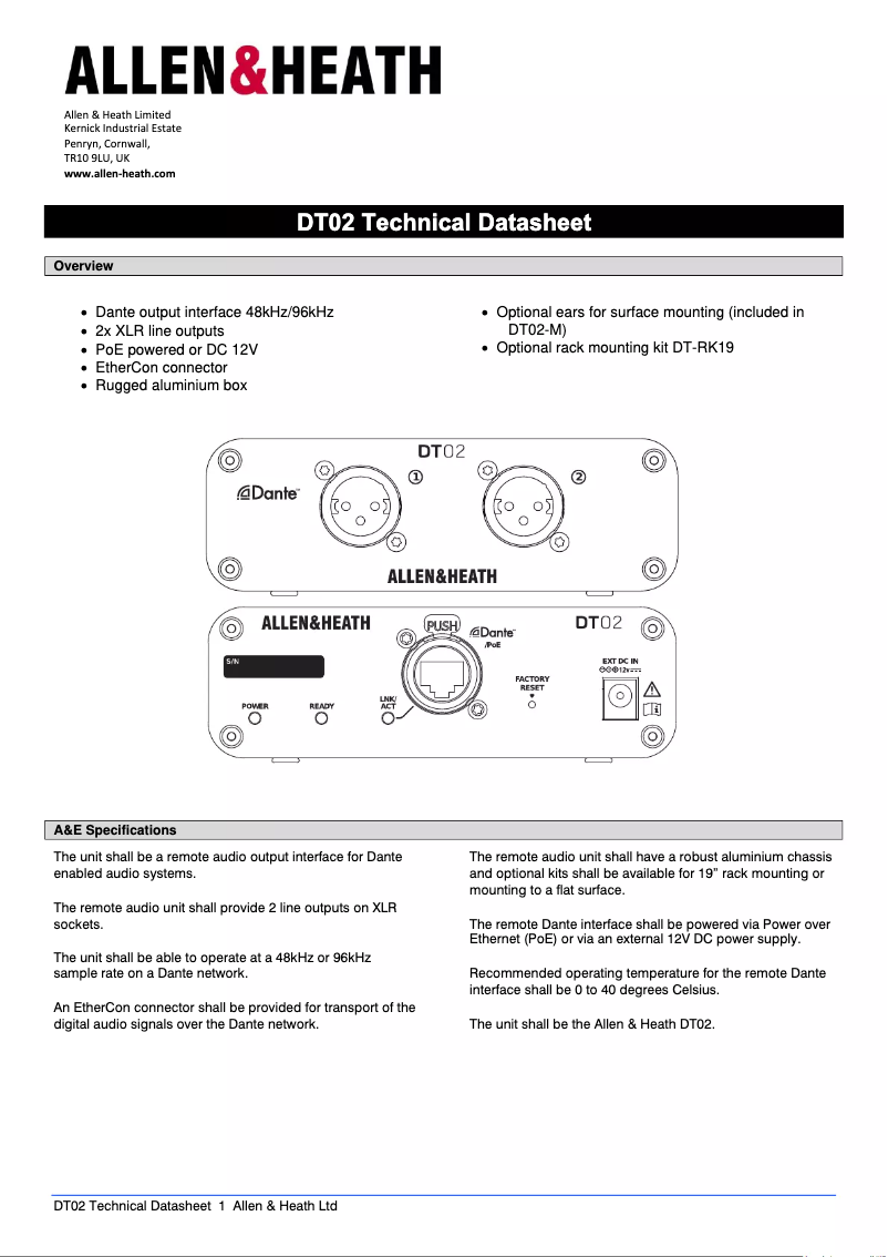 Página 1 del manual Ficha técnica Allen & Heath DT02