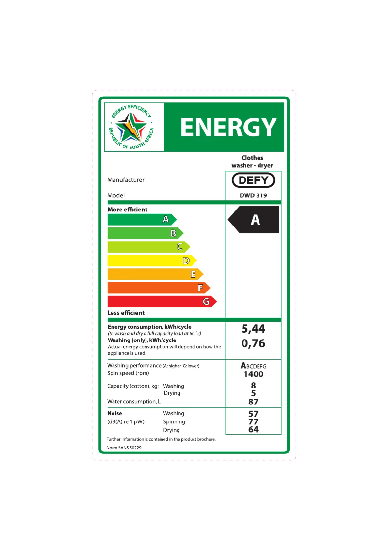 Página 1 del manual Etiqueta energética Defy DWD319