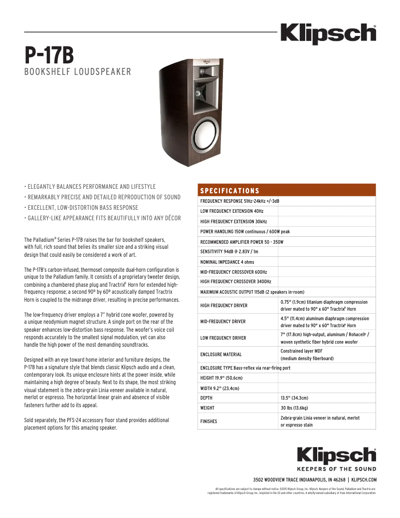 Página 1 del manual Ficha técnica Klipsch Palladium P-17B