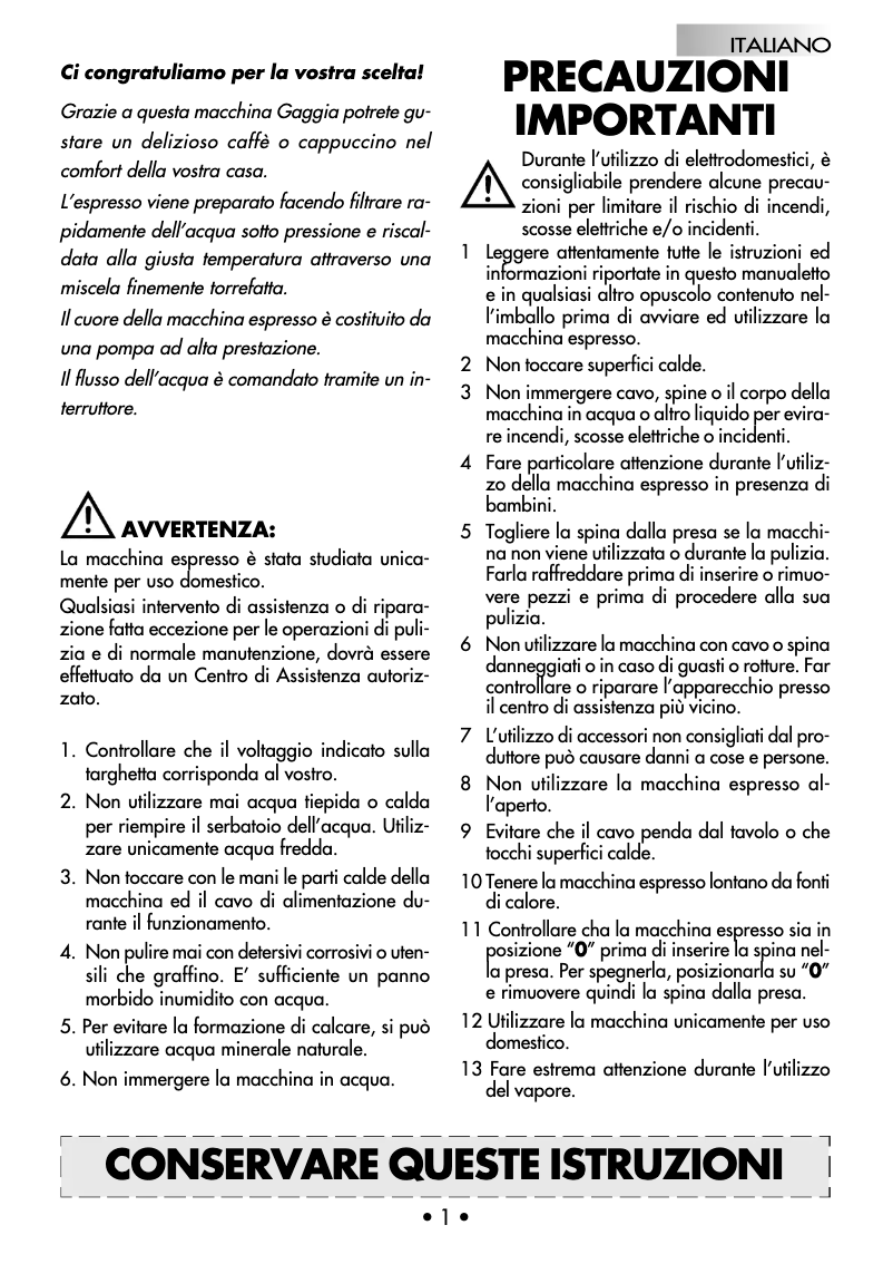 Página nº 1 - Manual de usuario Gaggia Carezza