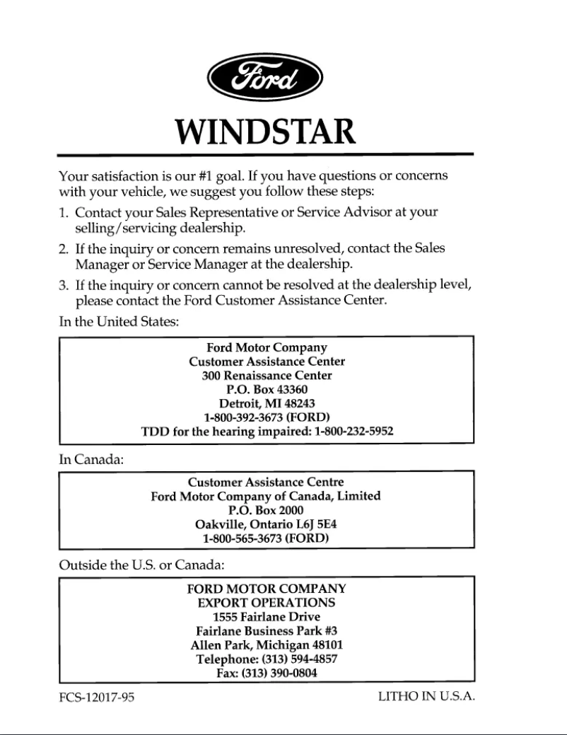 Imagen de la primera página del manual del dispositivo Windstar (1996)