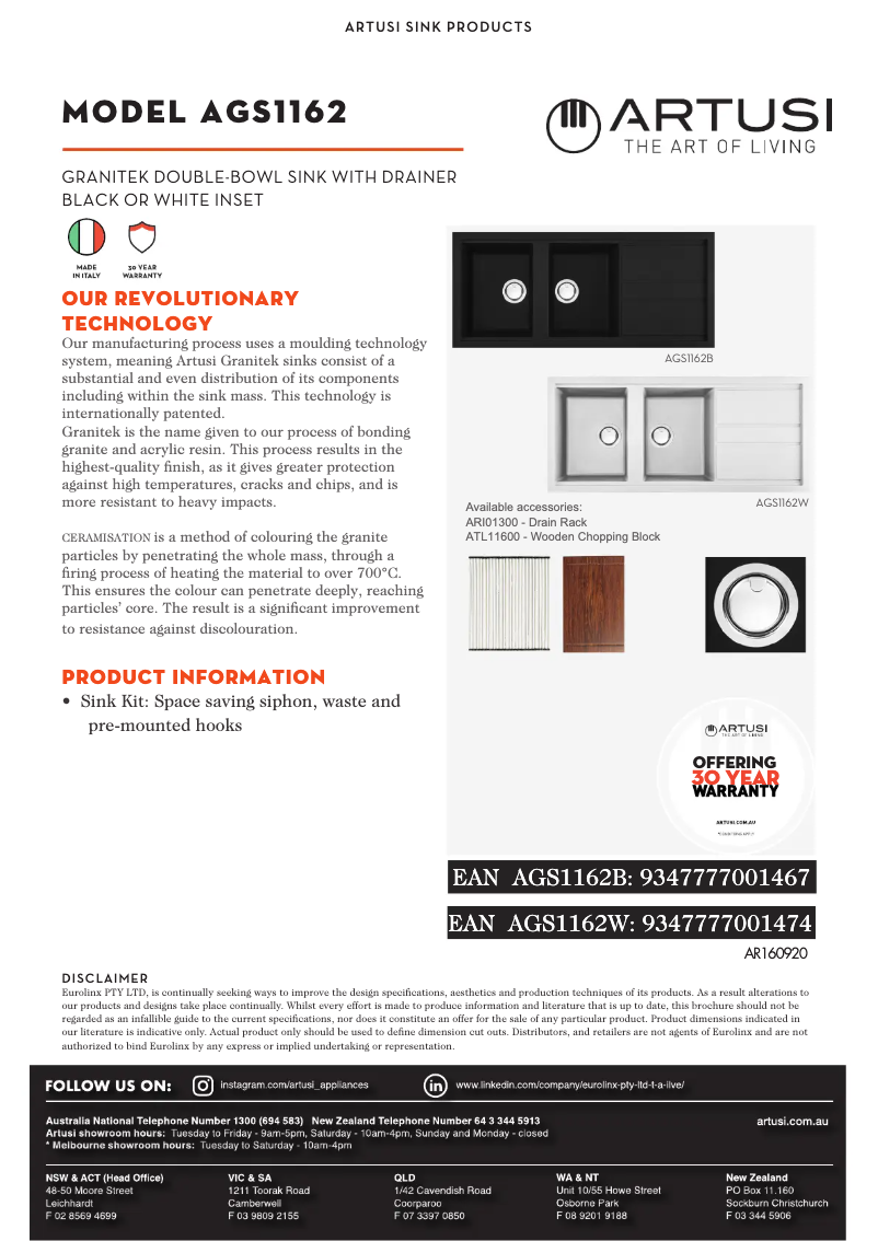 Página 1 del manual Ficha técnica Artusi AGS1162W