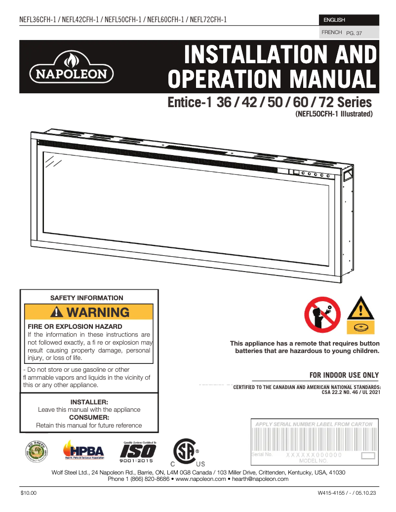 Página nº 1 - Manual de usuario Napoleon Entice NEFL42CFH-1