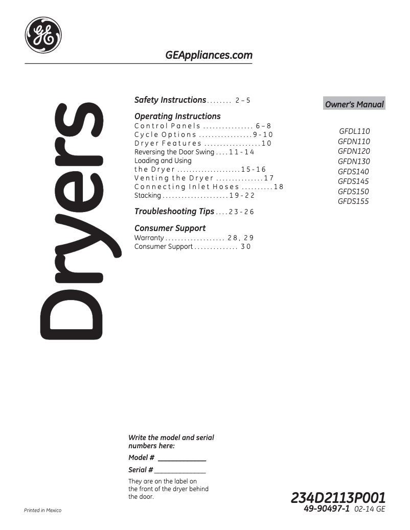 Imagen de la primera página del manual del dispositivo GFDN110GDWW