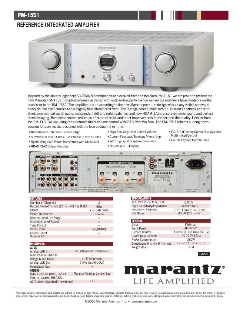 Página 1 del manual Ficha técnica Marantz PM-15S1