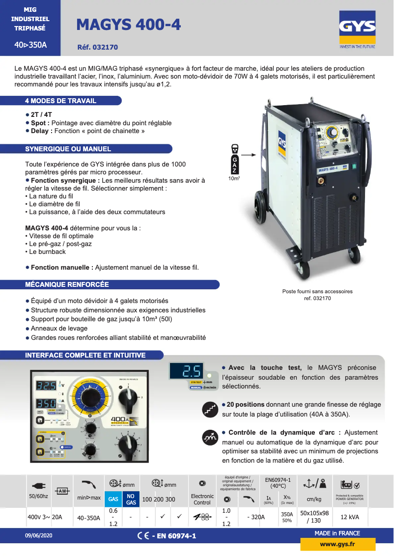 Página 1 del manual Ficha técnica GYS Magys 400-4