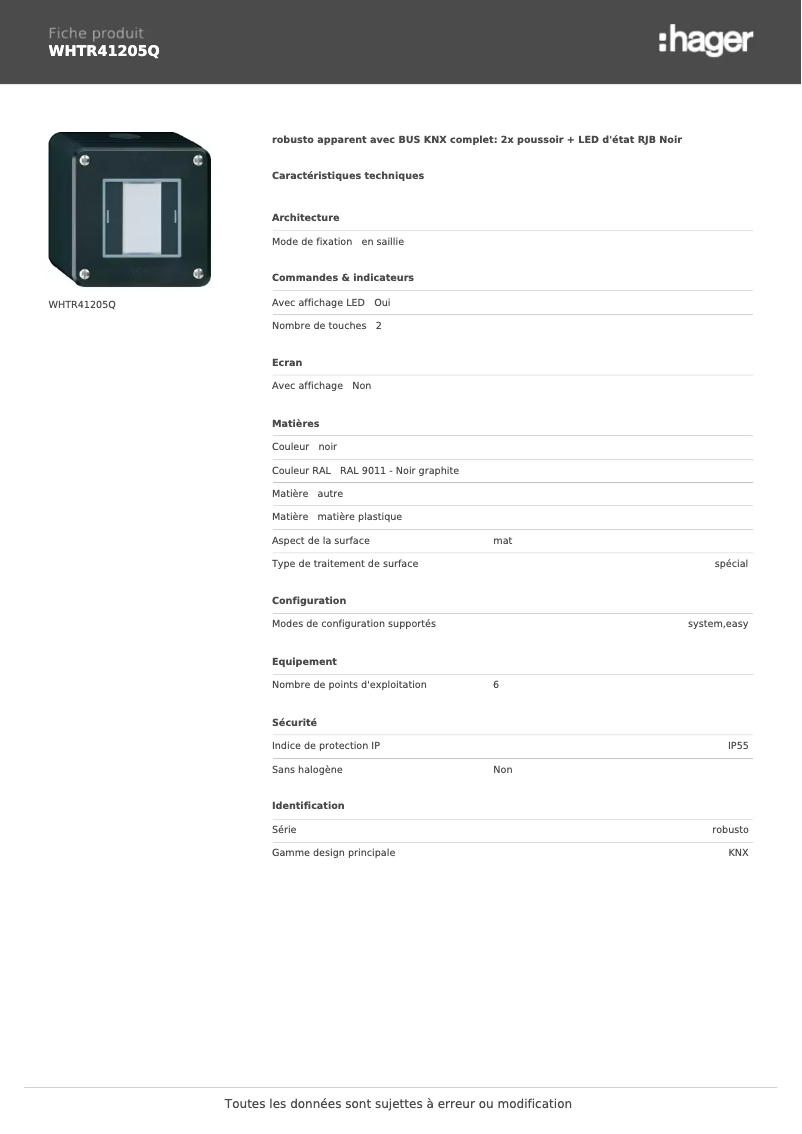 Página 1 del manual Ficha técnica Hager WHTR41205Q