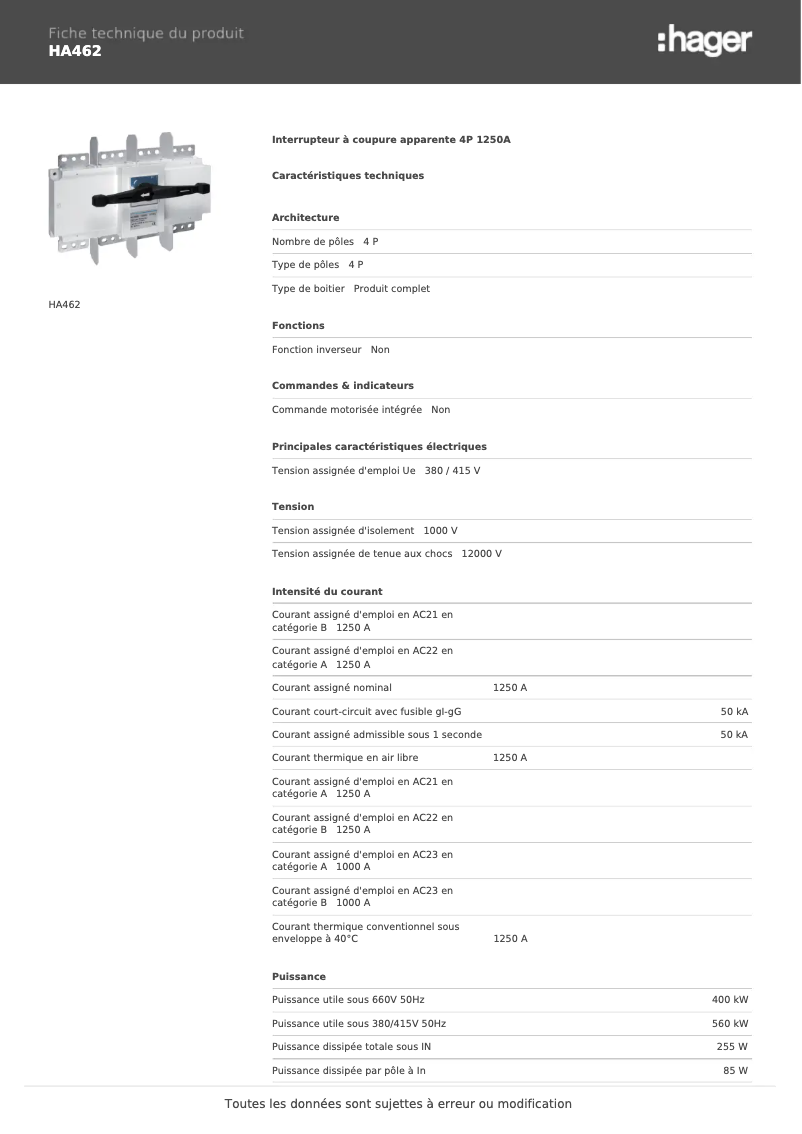 Página 1 del manual Ficha técnica Hager HA462