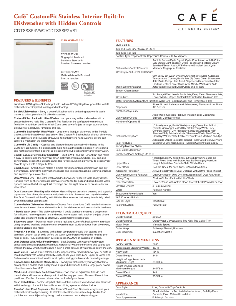 Página 1 del manual Ficha técnica GE CDT888P4VW2