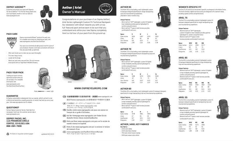 Página 1 del manual Manual de usuario Osprey Aether 70