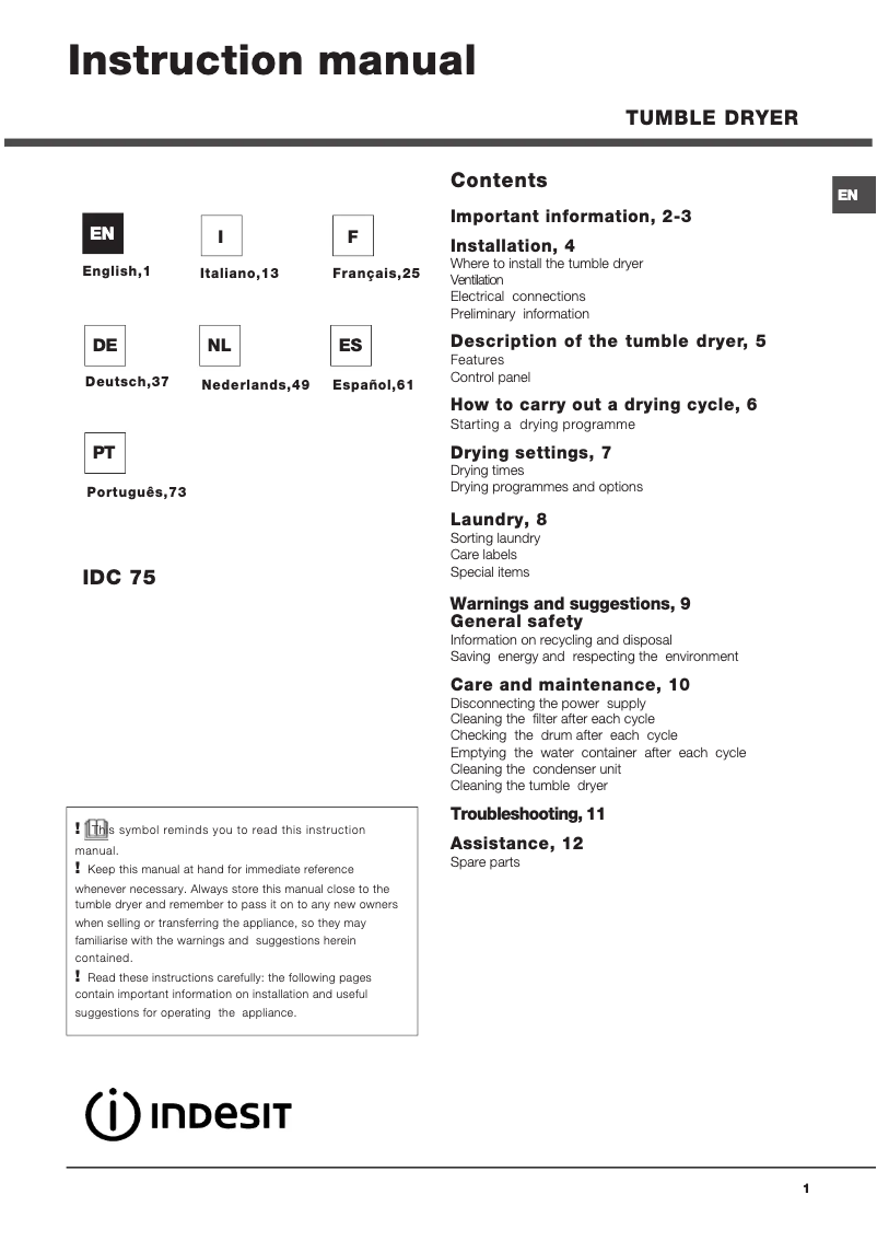 Página 1 del manual Manual de instrucciones Indesit IDC 75