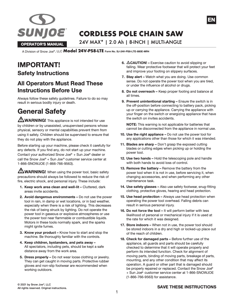 Página 1 del manual Manual de usuario Sun Joe 24V-PS8-LTE
