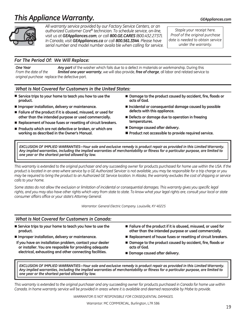 Página 1 del manual Información de garantía GE GNW128PSMWW