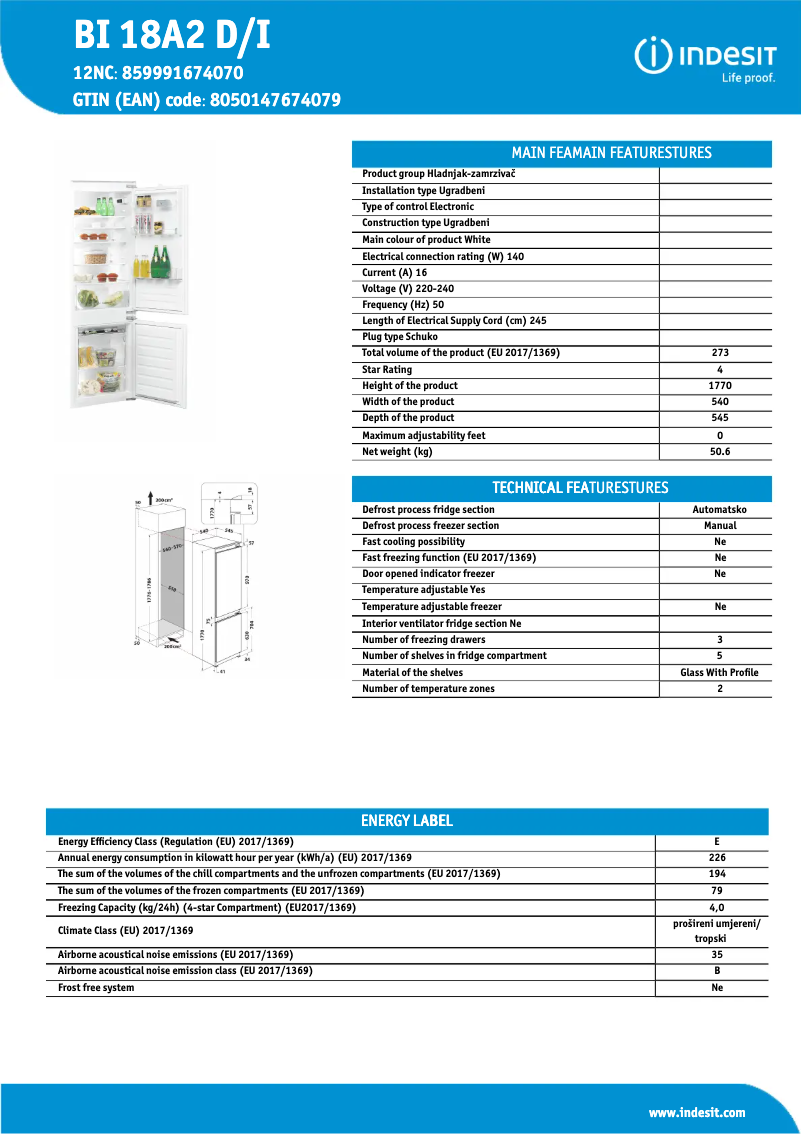 Página 1 del manual Ficha técnica Indesit B 18 A2 D/I