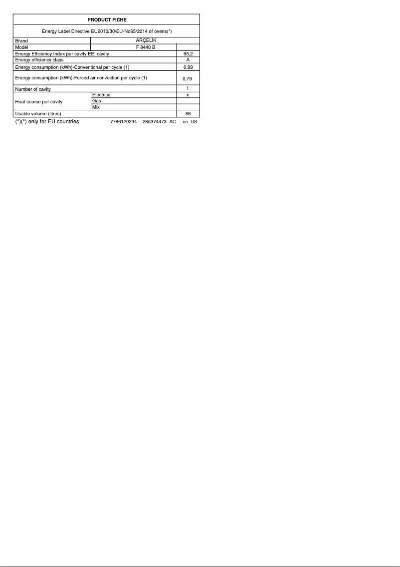 Página 1 del manual Ficha técnica Arçelik F 8440 B