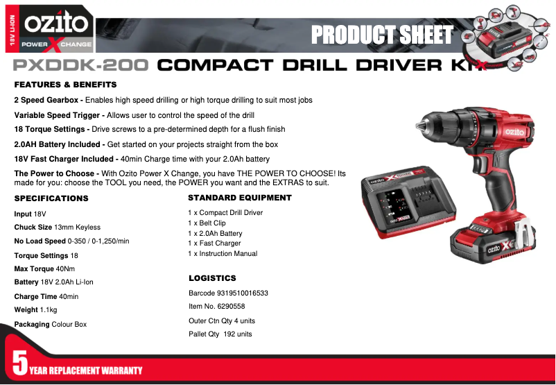 Página 1 del manual Ficha técnica Ozito PXDDK-200
