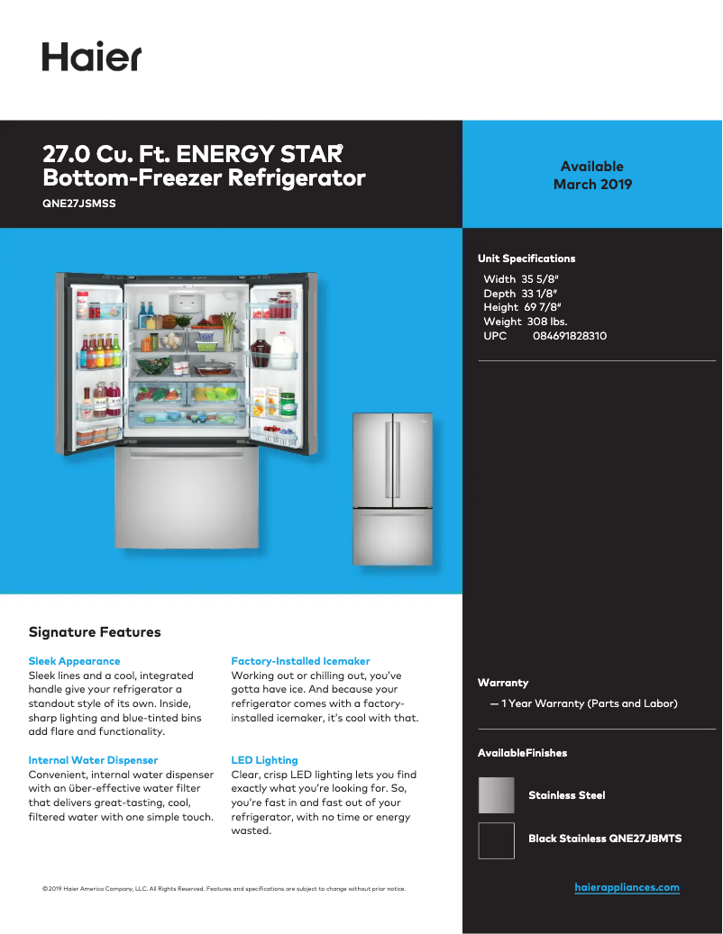 Página 1 del manual Ficha técnica Haier QNE27JSMSS