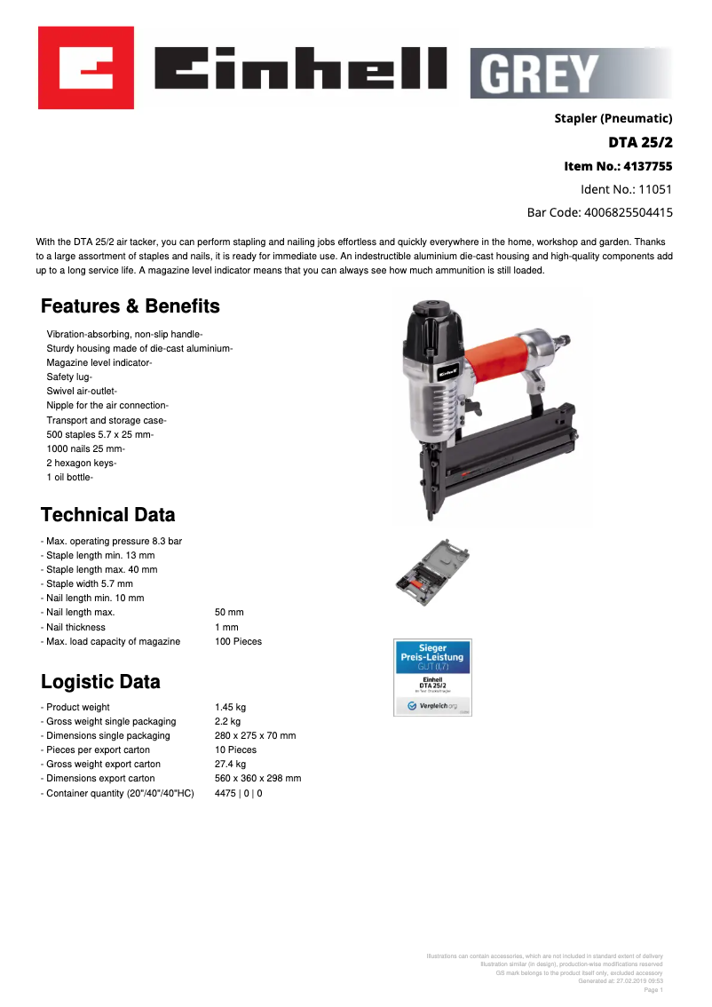 Página nº 1 - Ficha técnica Einhell DTA 25/2