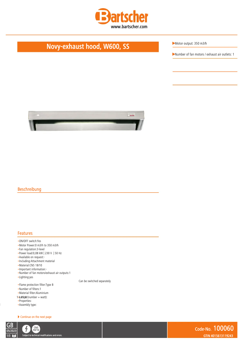 Página 1 del manual Ficha técnica Bartscher 100060