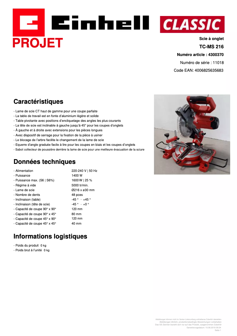 Página 1 del manual Ficha técnica Einhell TC-MS 216