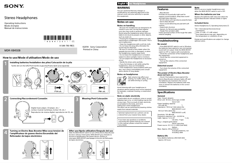 Imagen de la primera página del manual del dispositivo MDR-XB450B