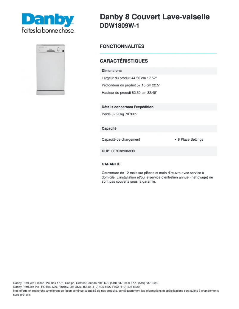 Página 1 del manual Ficha técnica Danby DDW1809W-1