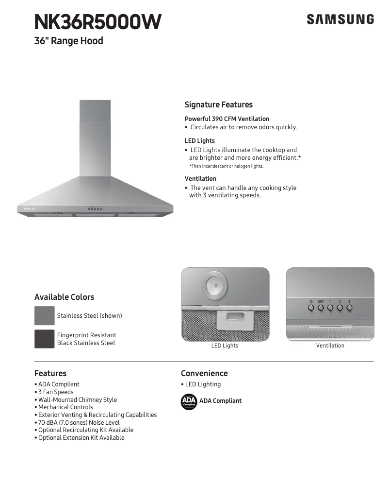 Página 1 del manual Ficha técnica Samsung NK36N7000US