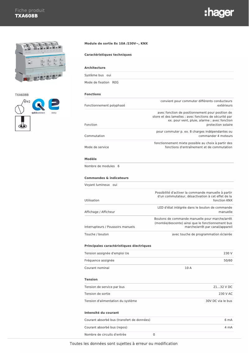 Página 1 del manual Ficha técnica Hager TXA608B