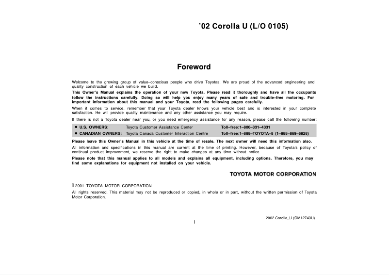 Página 1 del manual Manual de usuario Toyota Corolla (2002)
